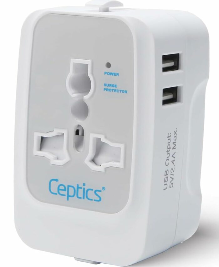 Ceptics Universal Charger Adapter, 3 in 1 Universal Travel Adapter All in One, Universal Travel Accessories 2 USB 2.4A, 100-250 Voltage Travel Charger, International Travel Adapter, White