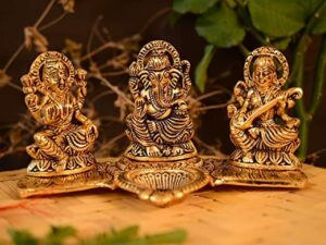 Lakshmi Ganesha Saraswati with Diya Diwali Statue Idol for Diwali Pooja: Home, Office, Success, Entrance Decor Good Luck Gift (Set of 1) ,Aluminium ,Golden