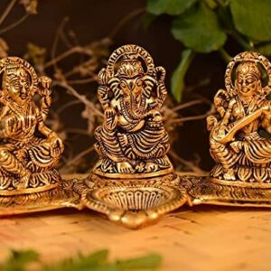 Lakshmi Ganesha Saraswati with Diya Diwali Statue Idol for Diwali Pooja: Home, Office, Success, Entrance Decor Good Luck Gift (Set of 1) ,Aluminium ,Golden