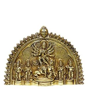 Religious Metal Maa Durga Family Wall Hanging Sculpture (7 x 9.25 Inches, Yellow)