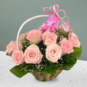 IFG's Beautiful Basket Arrangement of Pink Roses, 12 pcs Fresh Flowers - Same Day Delivery