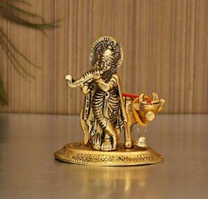 Lord Cow Krishna Idol Statue murti Krishan with Kamdhenu Hindu God Religious Showpiece (Set of 1)