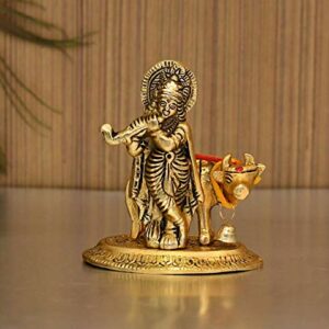 Metal Krishna Idols with Cow Showpiece for Pooja Home Decor - Gold Plated Krishna Idol Statue Showpiece Figurine Decorative Items & Best for Gifting Purpose