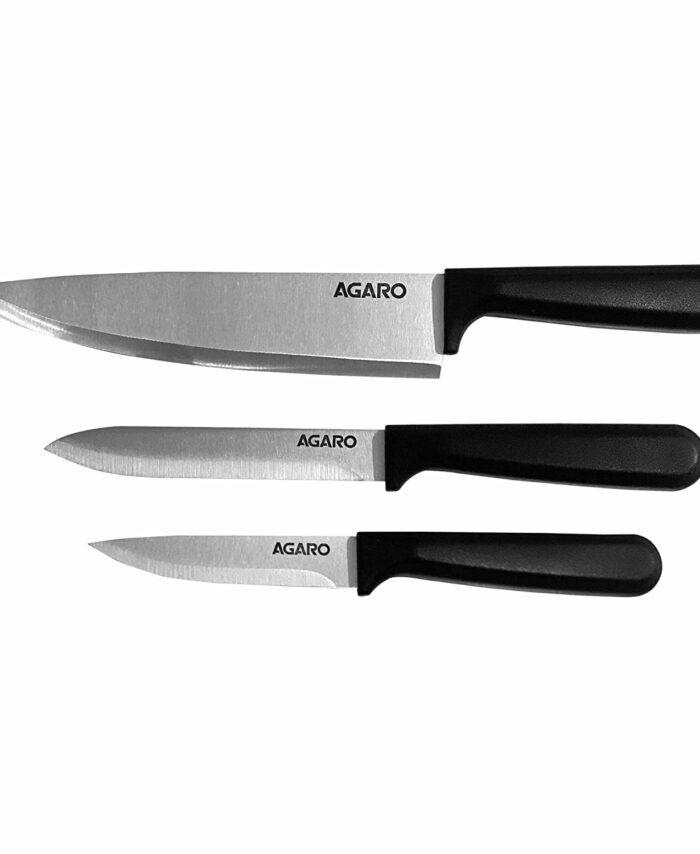 AGARO Majestic 3 Pcs Kitchen Knives Set, High Carbon Stainless Steel, Non Slip PP Handle, Cooking, Cutting, Slicing Professional Chef Knife Set, Utility Knife, Paring Knife, Silver.