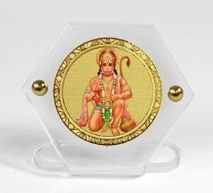 Gold-plated Foil on Acrylic base Hexa- Hanuman ji with Prayer Beads Car Dashboard Idol - Multicolour, 2.5 cm x 5 cm x 5.5 cm