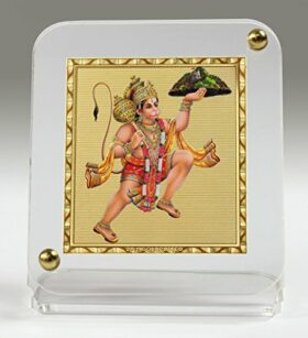 Hanuman ji Flying Pose with japa mala Idol, Standard, Gold, White.