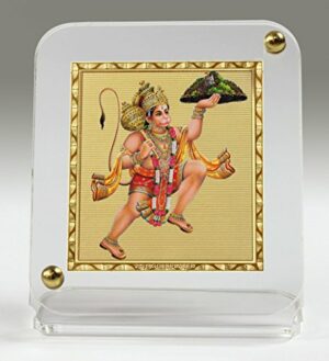 Hanuman ji Flying Pose with japa mala Idol, Standard, Gold, White.