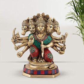 Brass God Lord Panchmukhi Hanuman Bajrangbali Bhagwan Sitting Color Idol Religious Home D?cor Office Mandir Murti Puja Height 7 Inches