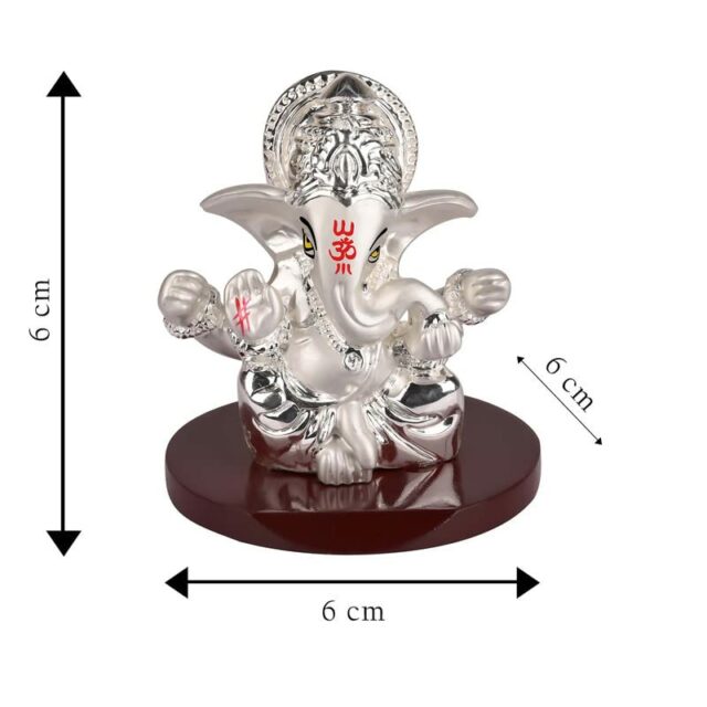 Silver Plated Four Hands Lord Ganesha Statue for Car Dashboard|Ganpati Idol for Luck & Success|Ekdant Murti Idol for Mandir Office Home Decoration Puja & Spiritual Gift (6x6x6cm)