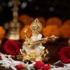 Pure Gold Coated White Saraswati Idol - Maa Saraswati Statue, Genuine 3 inch Saraswati Murti Small on Lotus with Veena - Handcrafted by Skilled Indian Artisans