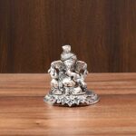 Silver Plated Ganesh Idol Statue with Oxidized Finish, Velvet Box Packing, and Carry Bag
