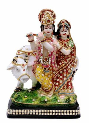 Stone Work Radha Krishna Cow God Idol, Murti Figurine Religious Pooja Gift Items for Mandir | Temple | Home |Office (8 * 14 * 22 CM)(Multicolour)