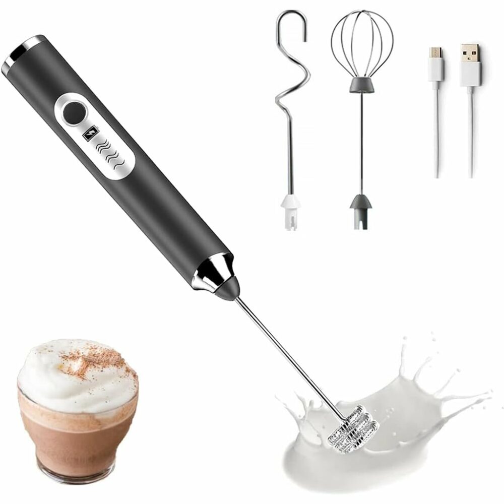 Hand Blender For Coffee 3 in 1 Frother Coffee Maker with 3 Speed Milk Frother for Coffee Frother Electric USB Rechargeable Coffee Beater with 3 Stainless Whisks Head for Latte Hot Chocolate