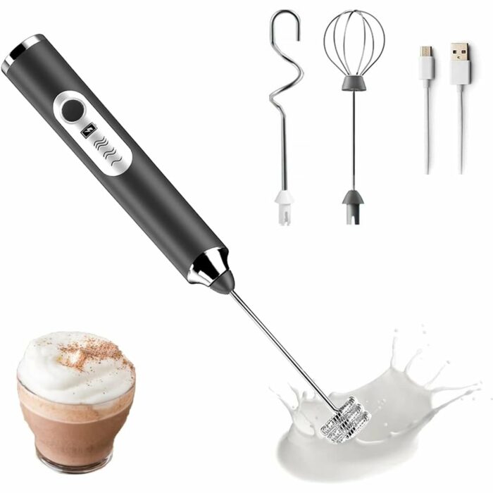 Hand Blender For Coffee 3 in 1 Frother Coffee Maker with 3 Speed Milk Frother for Coffee Frother Electric USB Rechargeable Coffee Beater with 3 Stainless Whisks Head for Latte Hot Chocolate