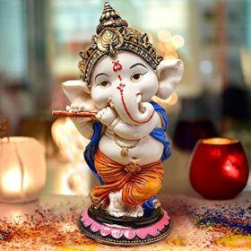 Resin Playing Flute Ganesh Idol Statue Best For Home & Office Decor (Flute Vinayak), Multi Colour