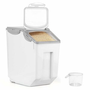 ABOUT SPACE 1 Pack Rice Dispenser (15Kg) Airtight Rice Storage Container with Measuring Cup - Rice Barrel Dispenser, Moisture Proof Organiser for Cereals, Grains, Pulses & Pet Food - Grey - Plastic