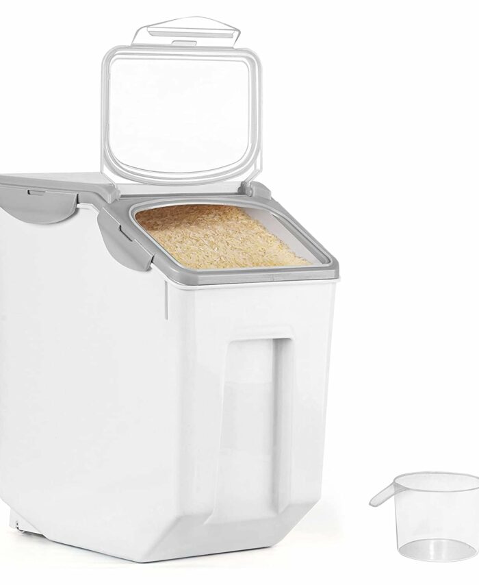 ABOUT SPACE 1 Pack Rice Dispenser (15Kg) Airtight Rice Storage Container with Measuring Cup - Rice Barrel Dispenser, Moisture Proof Organiser for Cereals, Grains, Pulses & Pet Food - Grey - Plastic
