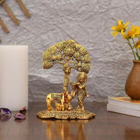 Gift Items Metal Krishna Idol Murti with Kamdhenu Cow - Gold Plated Showpiece Articles for Home Decor, Office,House Warming (Set of 1)
