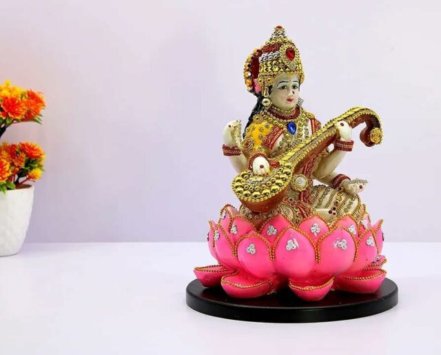 Yuvaansh Creations Presents Saraswati Ji on Lotus | Saraswati Ji Goddess Murti Idol Statue Sculpture Figurine - Resin - 11" Inches ? Multi