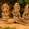 Lakshmi Ganesha Saraswati with Diya Diwali Statue Idol for Diwali Pooja: Home, Office, Success, Entrance Decor Good Luck Gift (Set of 1) ,Aluminium ,Golden