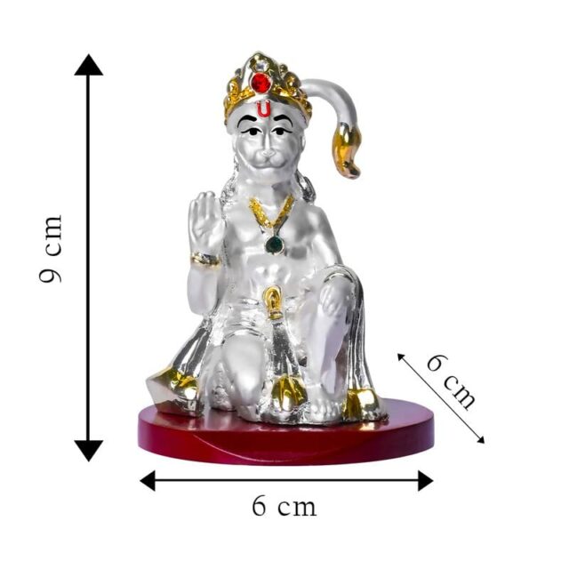 999 Silver Plated Hanuman Ji Decorative Showpiece Idol for Car Dashboard Temple & Gift Handicraft Spiritual Murti Antique Decoration Items Home & Study Table Office Decor (6cmx6cmx9cm)