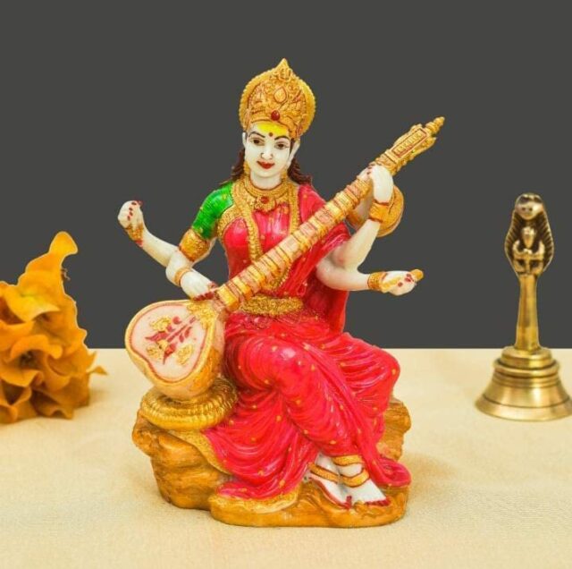 SEVLIYA Traders Marble Dust Saraswati Idol for Home Puja I Veena I Sarasvati Statue I Living Room I Guest Room I Office Table I Showpiece I Gifts I Home Decor I Pooja Room (6INCH)