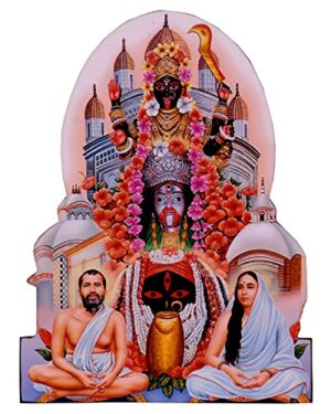 Kolkata Goddess Shri Maha Kali, Ramakrishna Paramahamsa & SarDevi Divine Holy Blessing Wood & Plastic Statue/Photo Frame with Backstand (Size- 4.5 inch X 6 inch)- Multicolor
