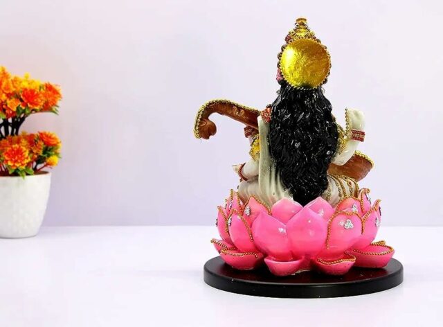 Yuvaansh Creations Presents Saraswati Ji on Lotus | Saraswati Ji Goddess Murti Idol Statue Sculpture Figurine - Resin - 11" Inches ? Multi