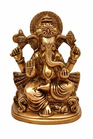 Ganesh Sitting On Chair Showpiece - 13.5 cm (Brass, Gold)