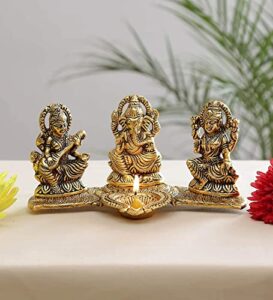 Smizzy God Idols for Pooja| Metal Antique Ganesh laxmi Saraswati Idol Murti for Home Decor| Decorative Platter with Diya, Ganpati for Diwali Decoration Festival, Golden