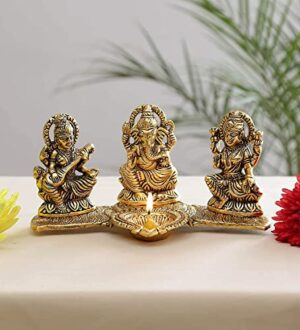 Smizzy God Idols for Pooja| Metal Antique Ganesh laxmi Saraswati Idol Murti for Home Decor| Decorative Platter with Diya, Ganpati for Diwali Decoration Festival, Golden