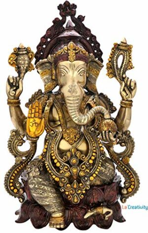 La Creativity Brass Lord Ganesh Idol | Large Brass Ganesha Statue with Antique Finish (2FT. Multicolour)(Pack of 1)