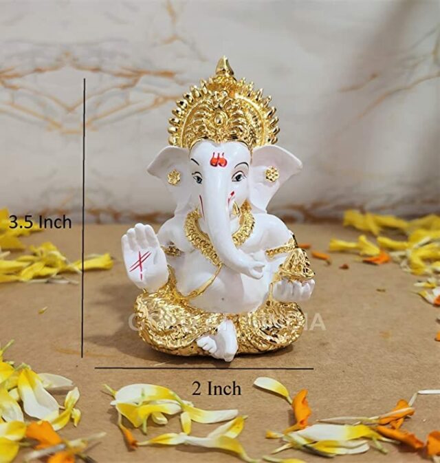 Gold Plated Idol for Car Dashboard/Home/Office Shelves/Diwali/Gifting/Idol 3.5 inches (Gold) (Gold White Mukut)