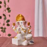 White 7 Inch Marble Dust Ganpati Idol, Vinayaka Statue for Pooja Room, Decorative Ganesha Statue