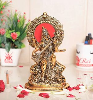 Gold Plated Maa Saraswati Metal Statue,Hindu Goddess Saraswati ji Murti for Pooja,Meditation,Office,Home,Study Table Decorative,Showpiece Figurines,Religious Idol Gift Article...