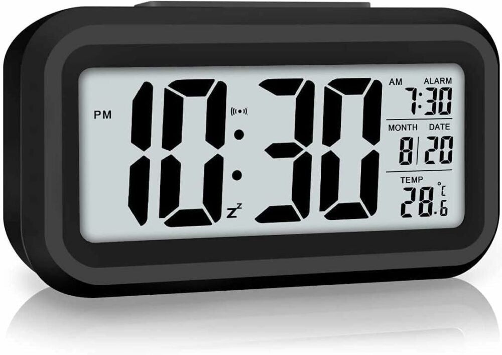AERYS Digital Alarm Clock Table Clock for Students, Home, Office, Corporate with Automatic Sensor, Date & Temperature (Black Digital) Plastic, 14 W x 8 H Centimeters