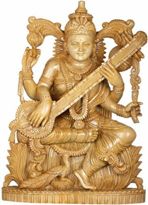 Saraswati - The Goddess of Art, Music and Wisdom - Wood Statue from South India