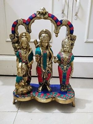 Brass Ram Darbar Statue/Elegant Ram Darbaar Murti/Multicolor Gemstone Showing The Real Image Work Brass Statue/Home, Office Decor/Siyaram Laxman with Hanumaan Multicolored Stone Work