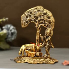 Designer Metal Lord Metal Cow Calf and Krishna Idol Showpiece Under Tree Sculpture for Home D?cor Home Diwali Puja Home Decoration Festival Gifts