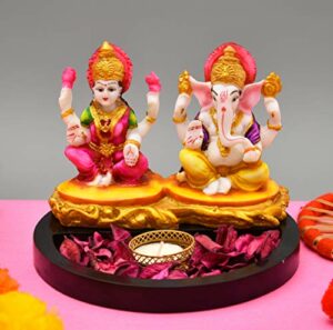 Polyresin Laxmi Ganesha Pair Idol Showpiece Sculpture Statue Lakshmi Ganapati Murti with Pavti for Home D?cor and Gift (Multicolour)