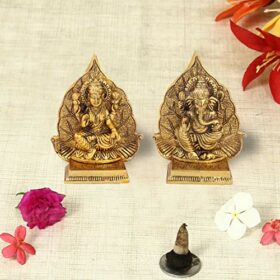 Antique Gold Plated Metal Lakshmi Ganesh Pair with Leaf Background, 5 inch, 2 Piece