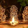 Smizzy God Idols for Pooja| Metal Antique Ganesh laxmi Saraswati Idol Murti for Home Decor| Decorative Platter with Diya, Ganpati for Diwali Decoration Festival, Golden
