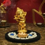 Ganesha Idol with Wooden Flower Tealight Candle Holder, Colorful Stones, Wooden Base - Diwali Decoration Set