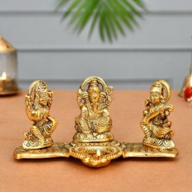 Diwali Gift Items Laxmi Ganesh Saraswati Metal Murti Idol with Diya Showpiece, Diwali Decoration Items for Home Decor, Diwali Gift for Family Friends and Corporate Office,Golden Pooja