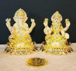 Gold Plated laxmi Ganesha Idol with Off White Terracotta Work with Gold Plated Coin | for Diwali | Laxmi poojan | Diwali Pooja | Gifting (New Kamal Laxmi Ganesha Gold)