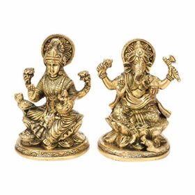 Brass Ganesha Laxmi Ganesh Lakshmi Bhagwan Idol Sitting on Lotus Ganpati Murti Statue for Home Office Puja Success D?cor Gift 5 Inches