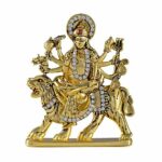 Goddess Maa Durga Idol on Lion Gold Metal Statue for Car Dashboard, Mandir Pooja Murti, Temple Puja, Home Decor, Office Table Showpiece