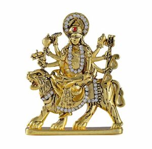 Goddess Maa Durga Sherawali MATA Idol on Lion (R-69) Gold Metal Statue for Car Dashboard | Mandir Pooja Murti | Temple Puja | Home Decor | Office Table Showpiece (L*B*H-6.2 x 1 x 7.5 Cm)
