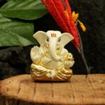 Gold Plated Ceramic Ganesh Idol for Car Dashboard, Home Pooja Room Decor, Lord Ganesha Showpiece
