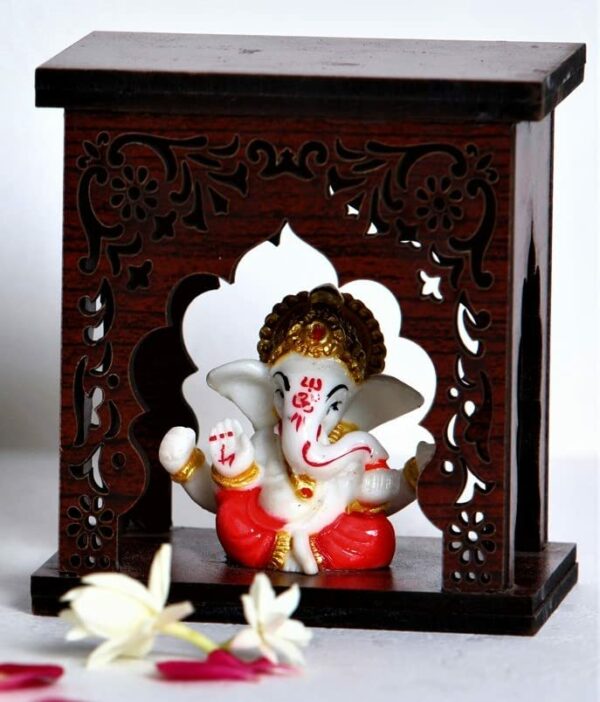 Ganesha Idol With Wooden Temple For Home Mandir, Temple, Car Dashboard Temple, Gift Items (Ganesha Temple 2)